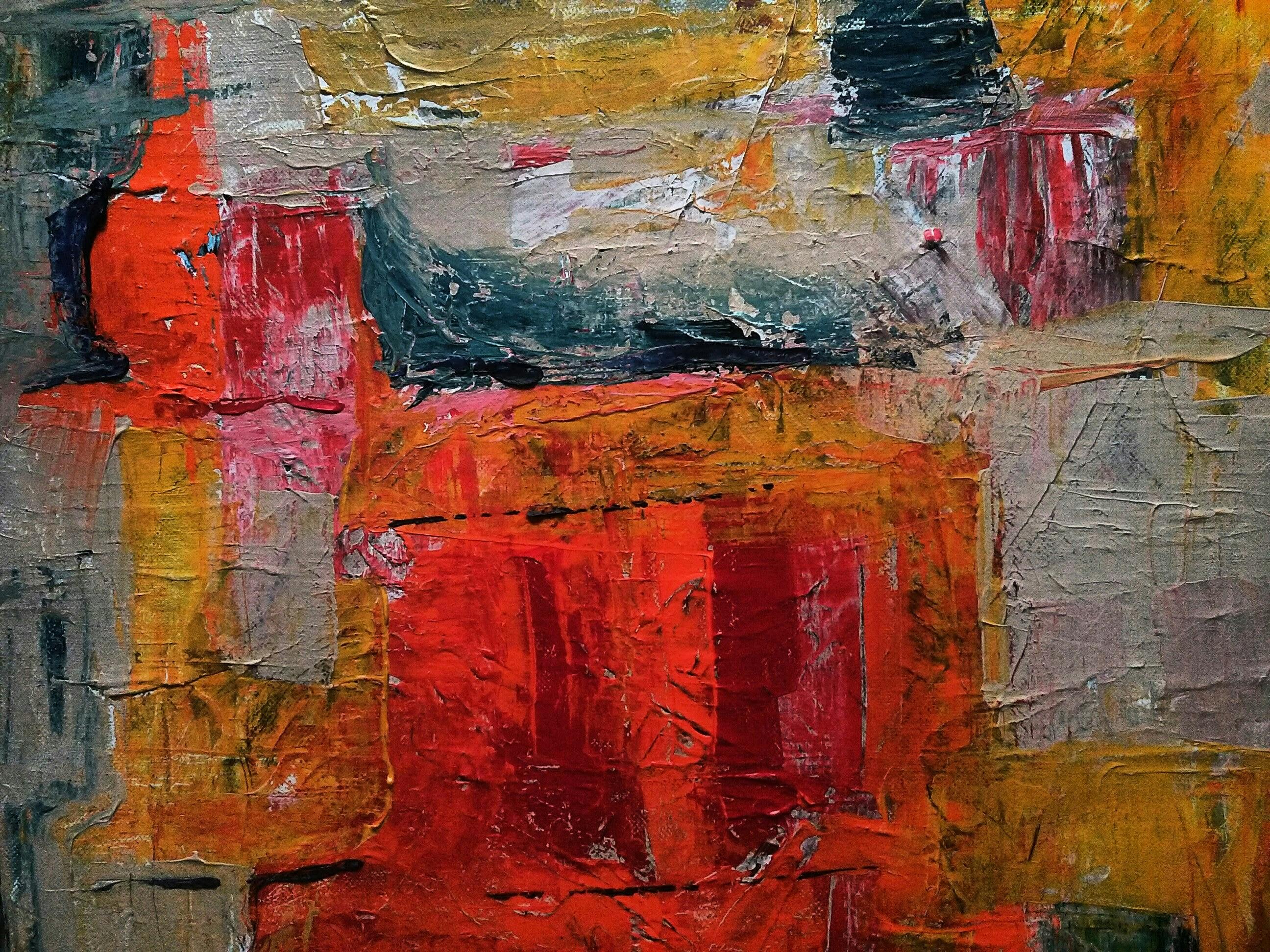 Abstract painting in layered earth tones — reds, golds, and grays