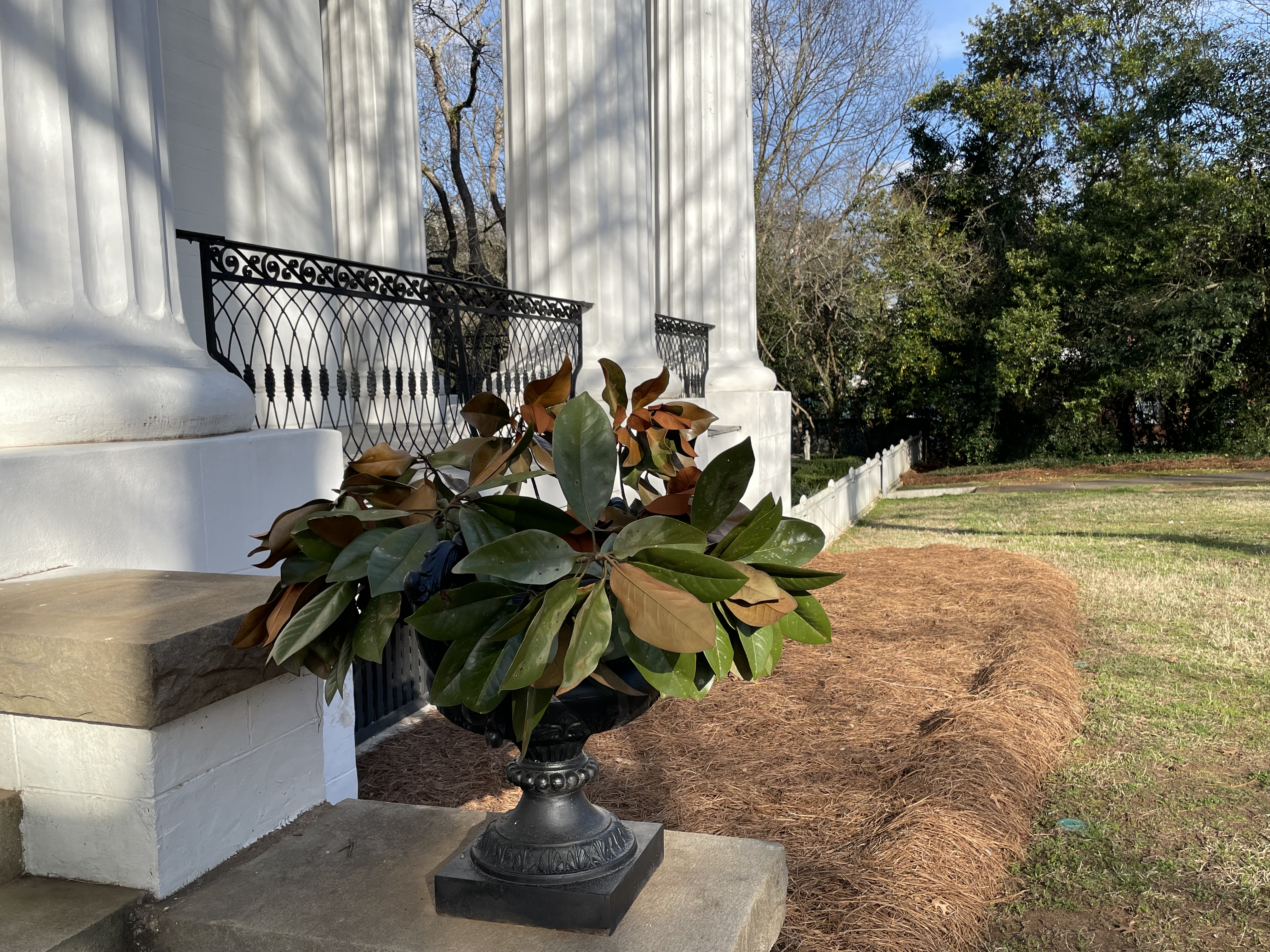 Magnolia arrangement at the base of Doric columns with wrought iron railing at Taylor-Grady House